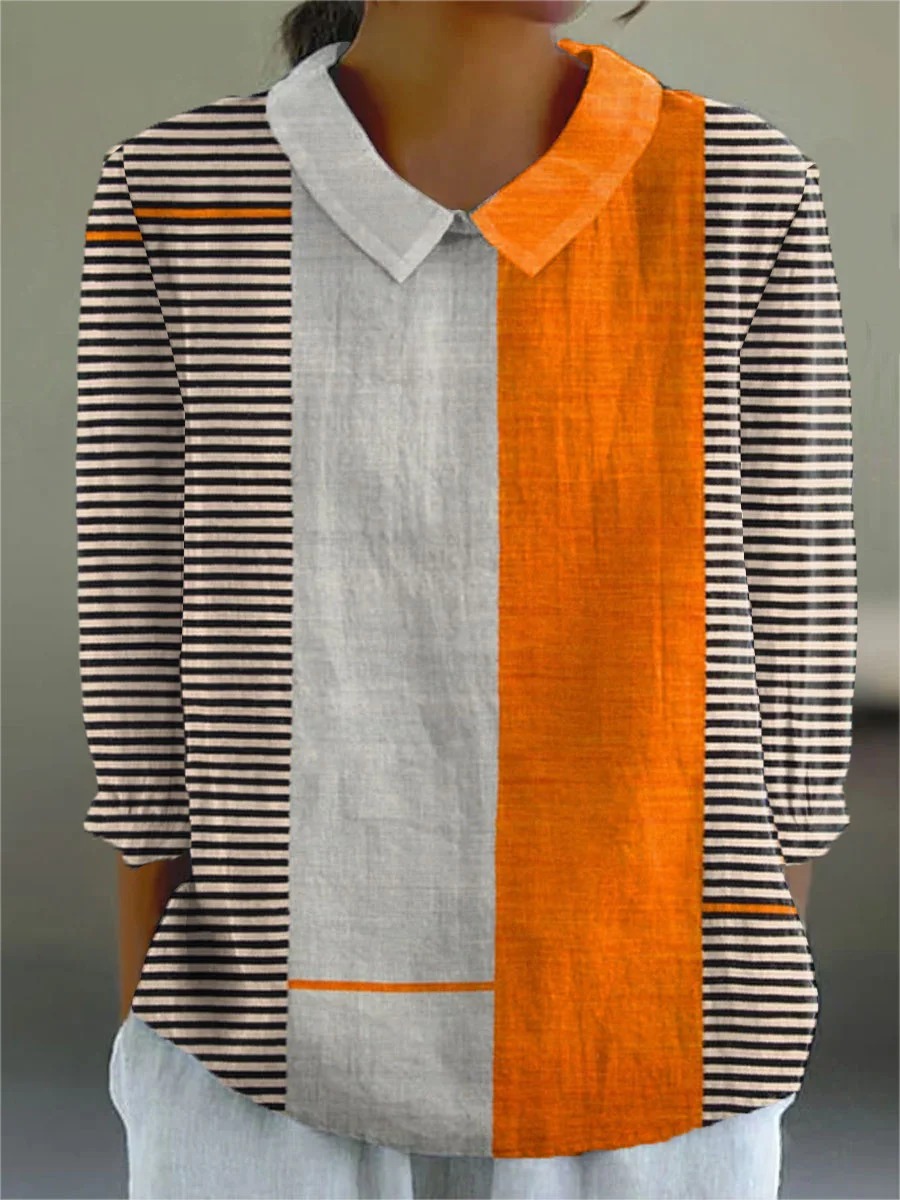 Women's Vintage Abstract Geometric Lines Print Casual Cotton And Linen Sleeve Shirt