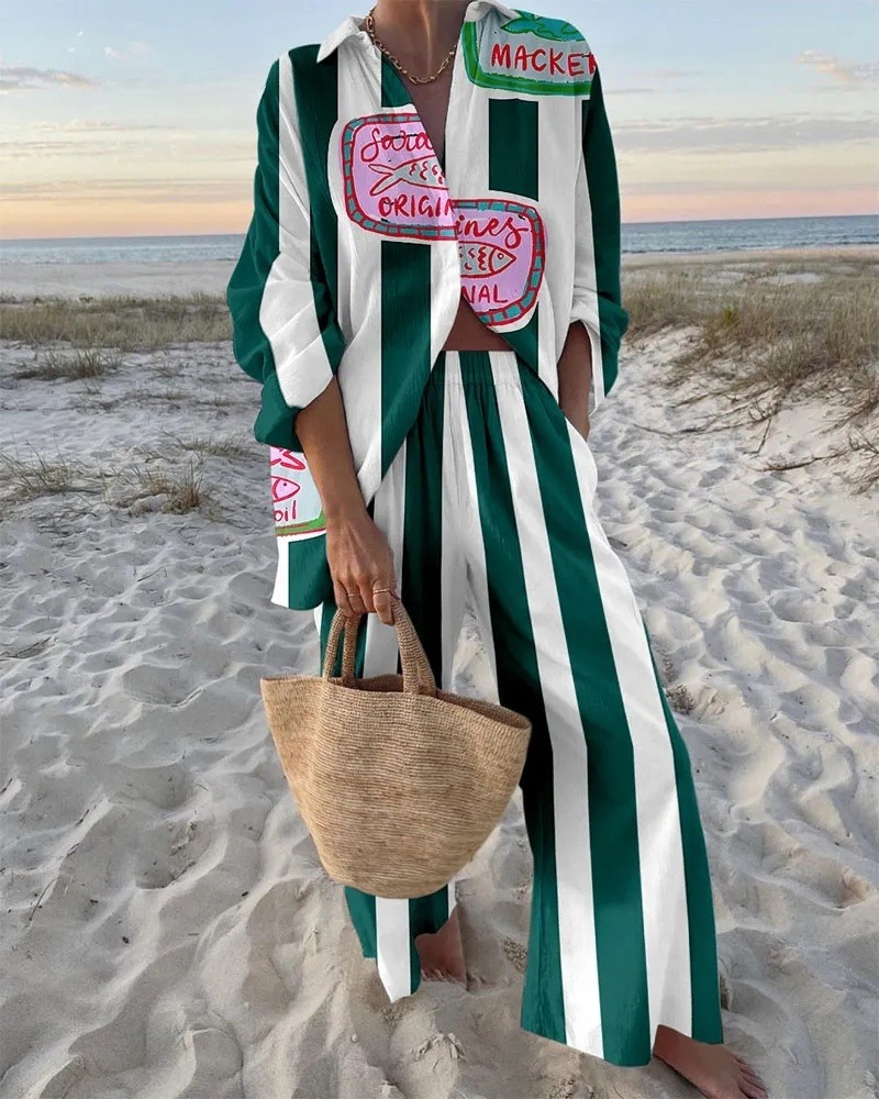 Holiday Green Stripe Print Two-Piece Set