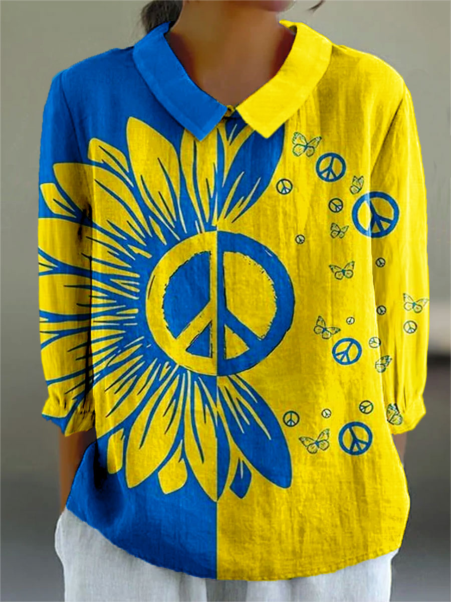 Women's Vintage Ukrainian Peace Sunflowers Art Print Casual 3/4 Sleeve Shirt