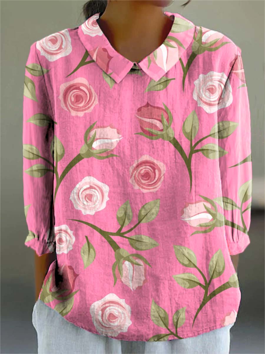 Women's Lovely Floral Art Print Casual 3/4 Sleeve Shirt