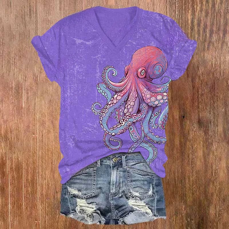Japanese Funny Dazed Octopus Art Print V-neck T-shirt