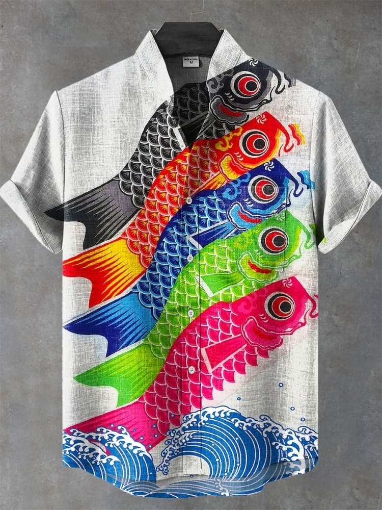 Vintage Ocean Fish Art Print Casual 100% Cotton Shirt