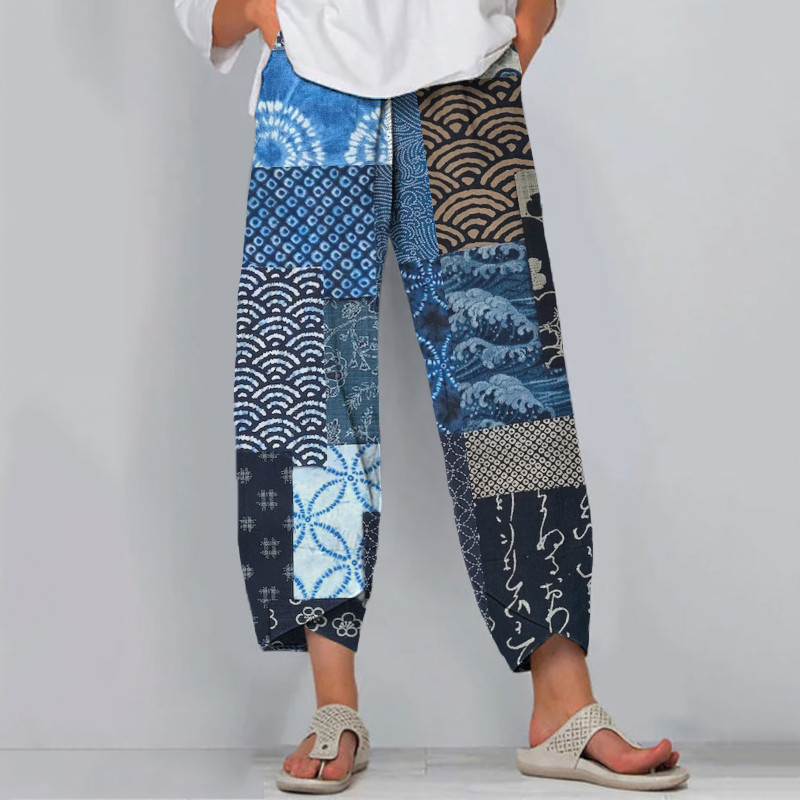 Vintage Japanese Traditional Sashiko Patchwork Art Cropped Casual Pants