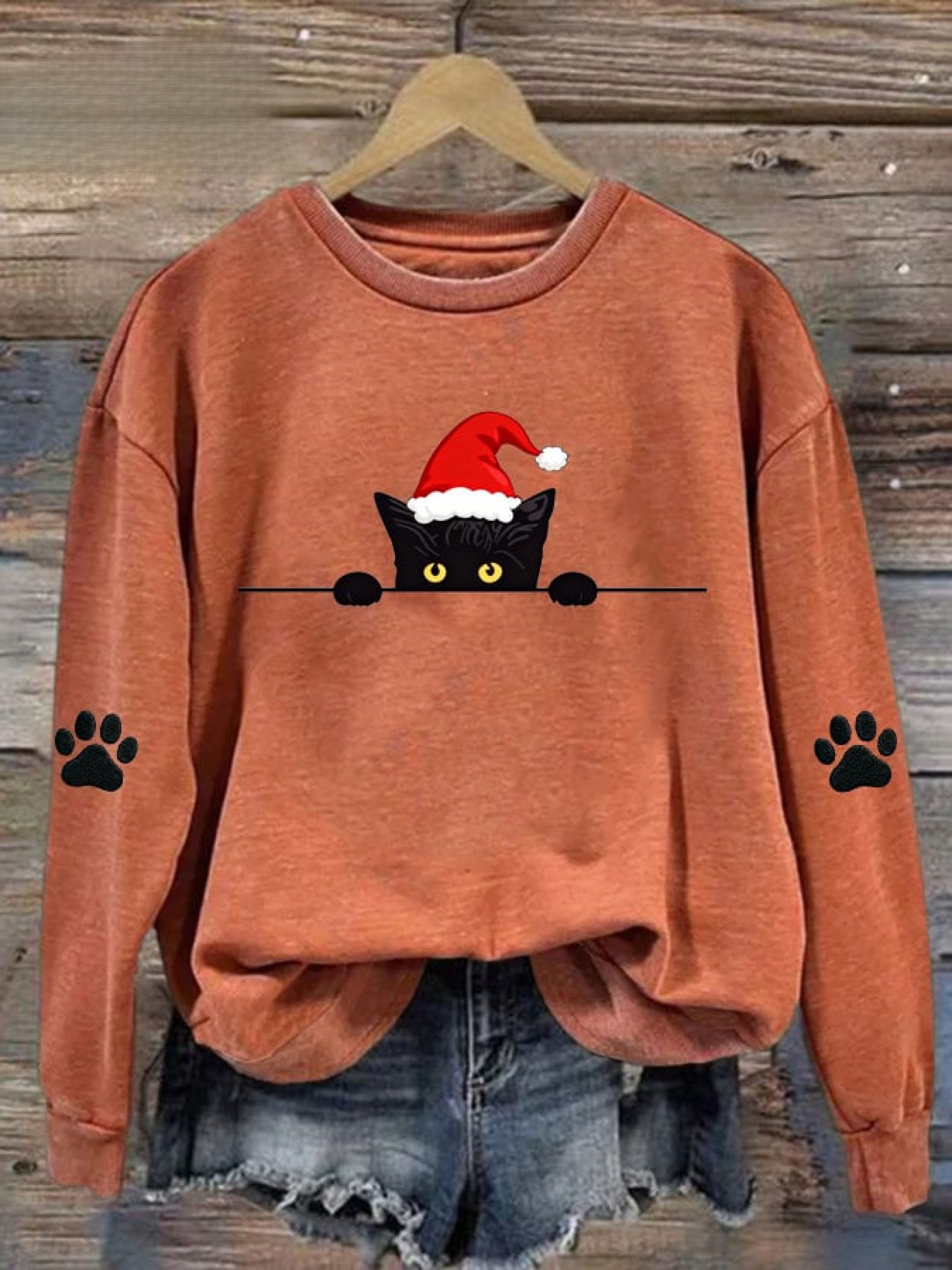 Women's Christmas Cat Printed Crew Neck Sweatshirt