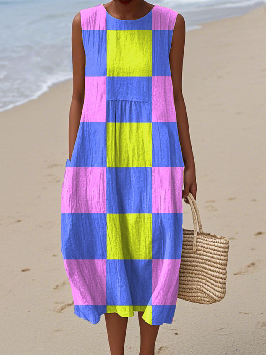 Women's Colorful Plaid Painting Art Print Sleeveless Cotton Pocket Wrap Dress