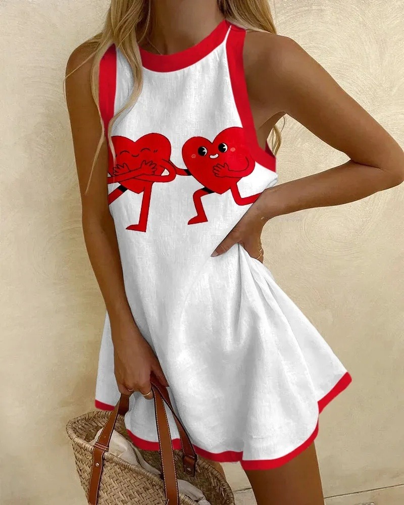 Heart To Heart Print Sleeveless Mini Dress