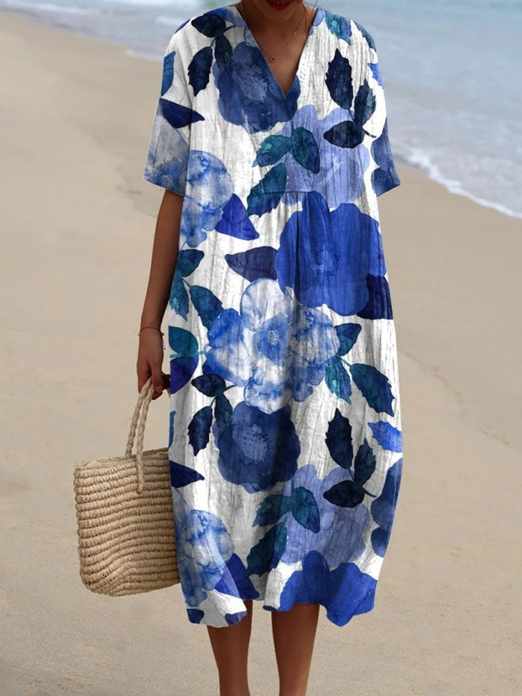 Women's Vintage Lovely Floral Art Print Flowy Dress