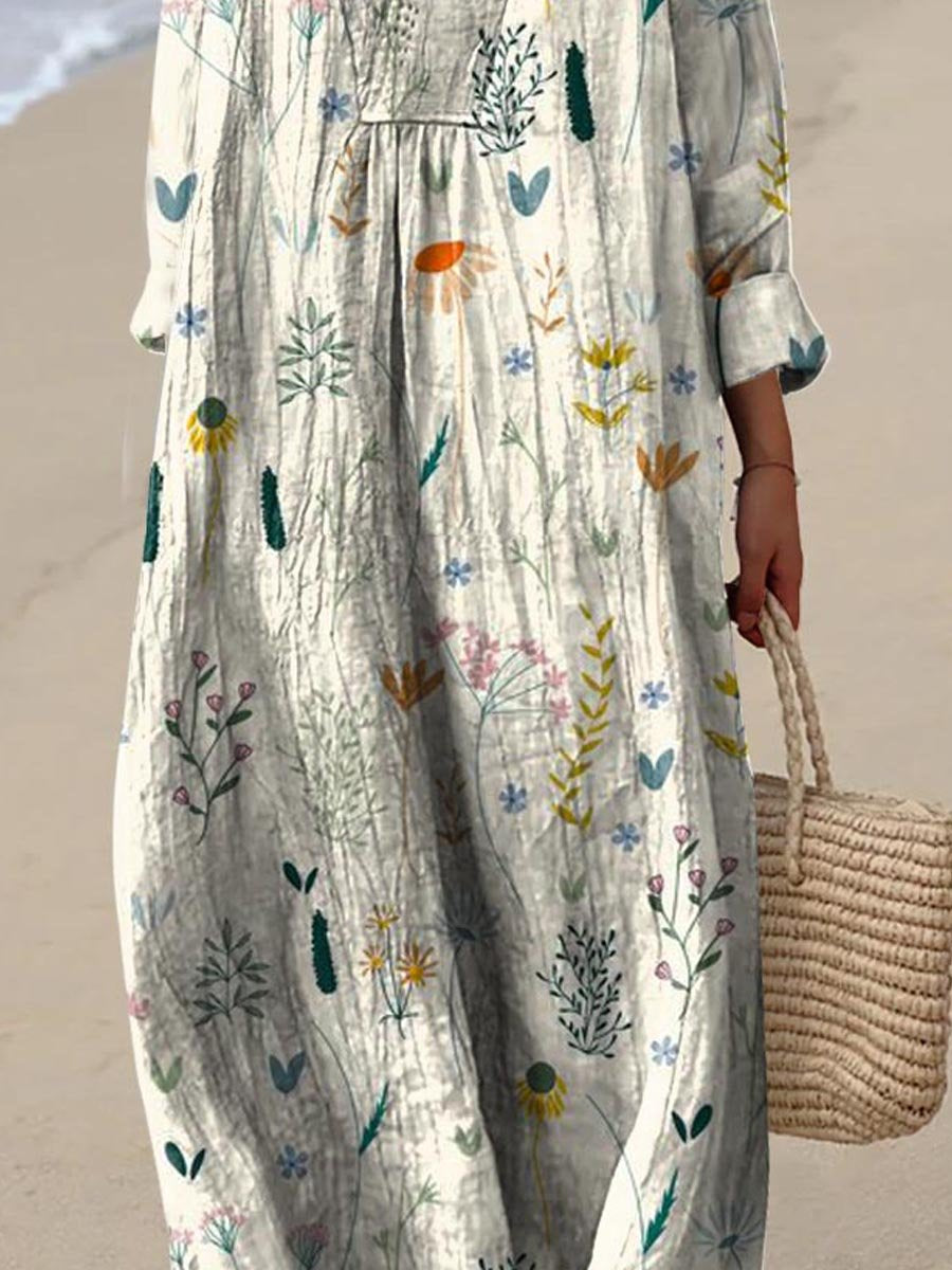 Women's Vintage Lovely Floral Art Print Flowy Dress