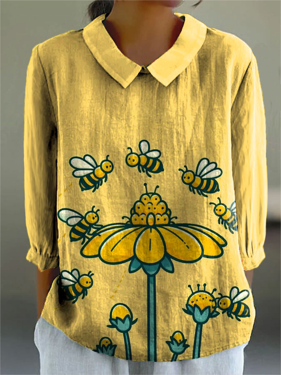 Women's Funny Bees and Flower Art Print Casual 3/4 Sleeve Shirt