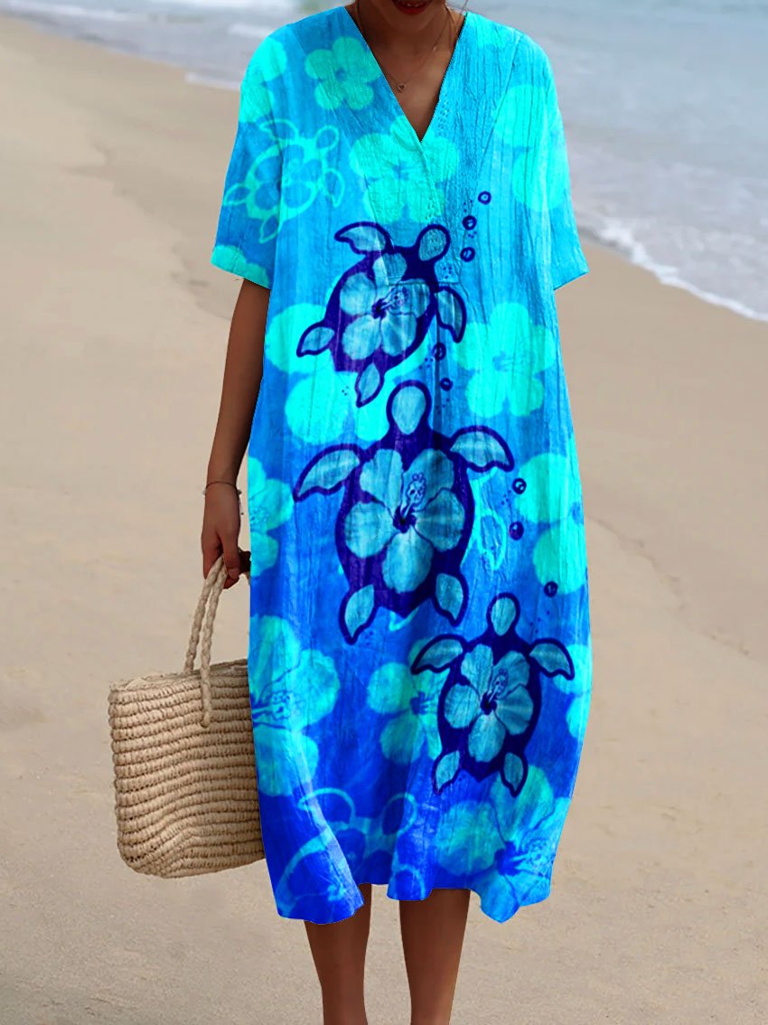Women's Vintage Ocean Turtle Art Print Flowy Dress