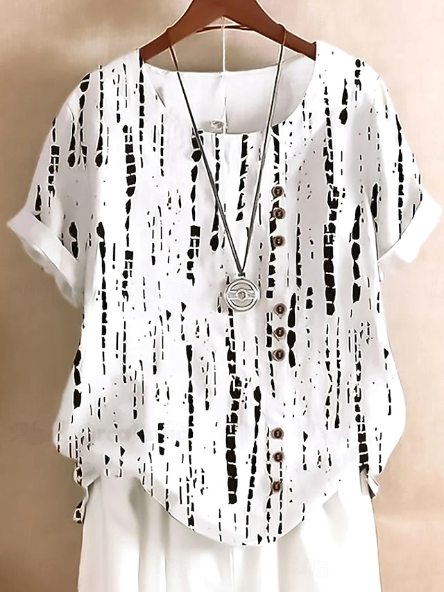 Women's Short - Sleeved Blouse. Elegant Striped Graphic Print