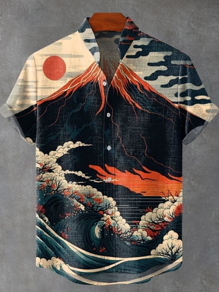 Vintage Japan Ukiyo-e Mount Fuji Art Print Casual Shirt