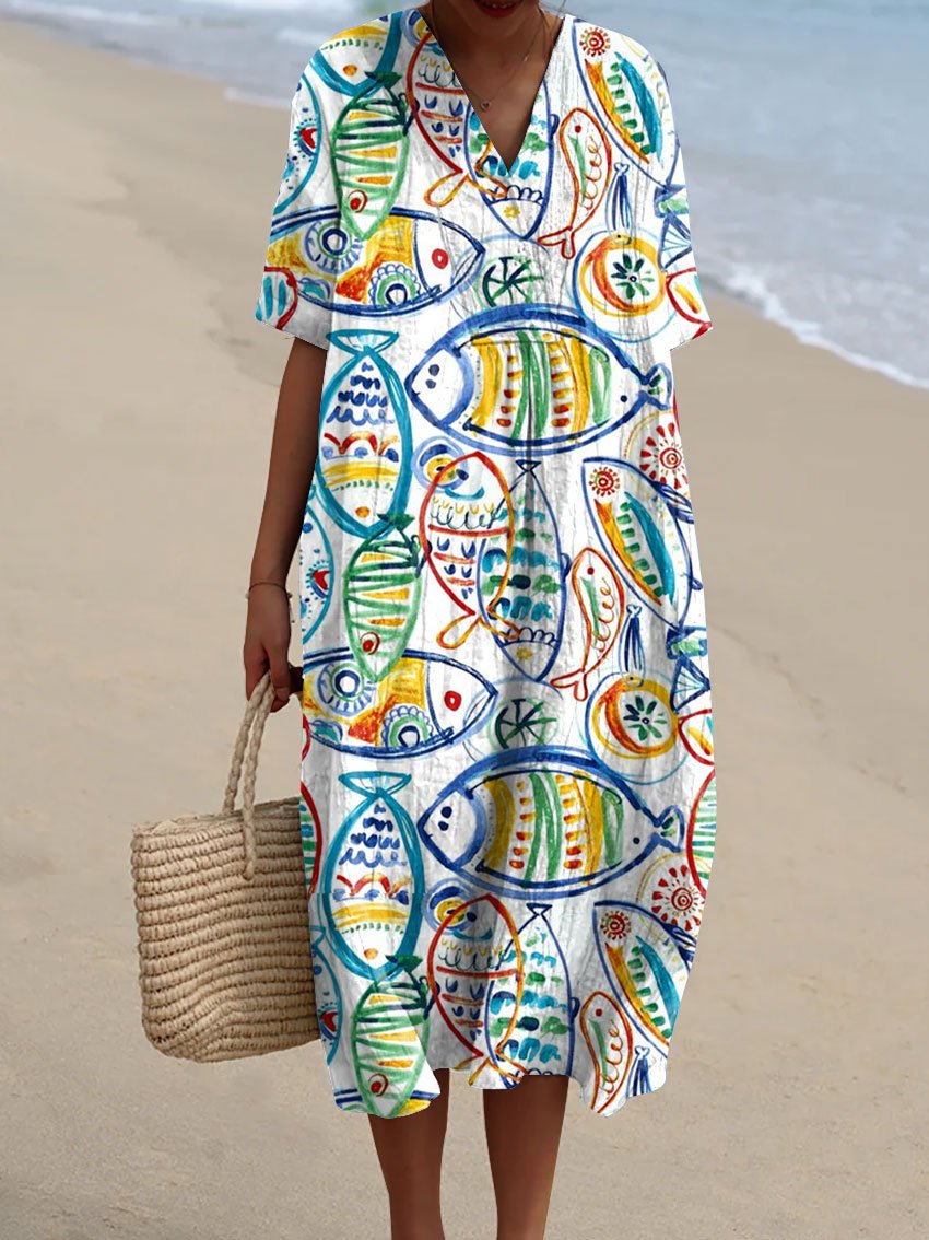 Women's Fish Art Print Flowy Dress