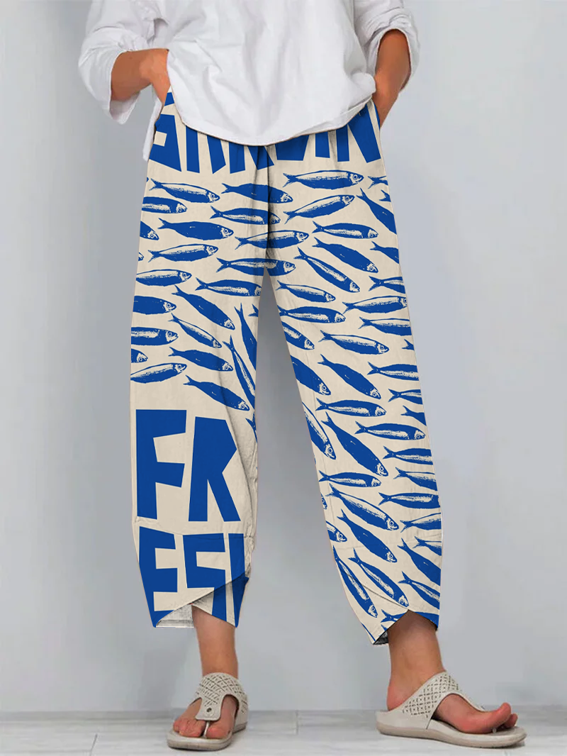 Japanese Sardines Art Print Cropped Pants