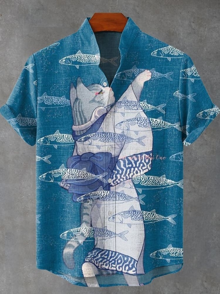 Japanese Kimono Cats and Fish Vintage Print Casual Shirt