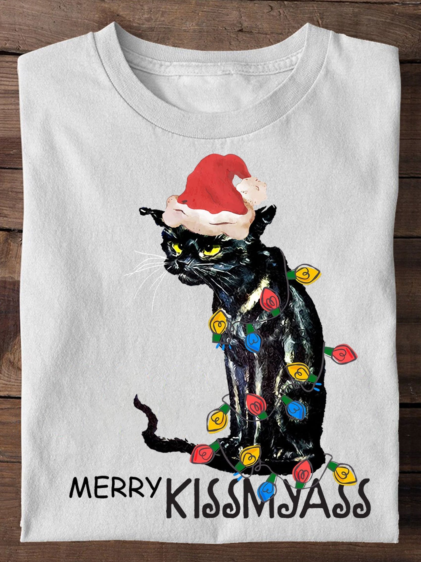 Merry Kissmyass Funny Cat Christmas LightsT-shirt