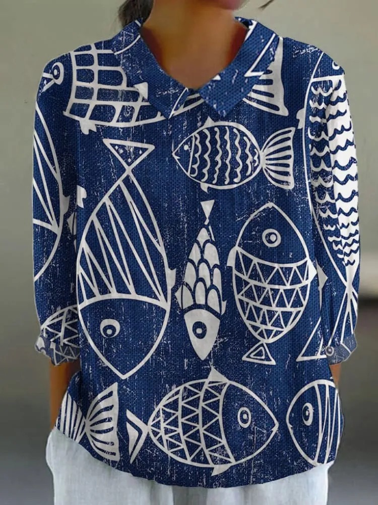 Women's Vintage Line Fish Print Casual 3/4 Sleeve Shirt