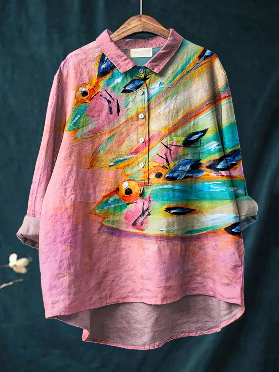 Women's Pink Blue Fish Print Casual Shirt