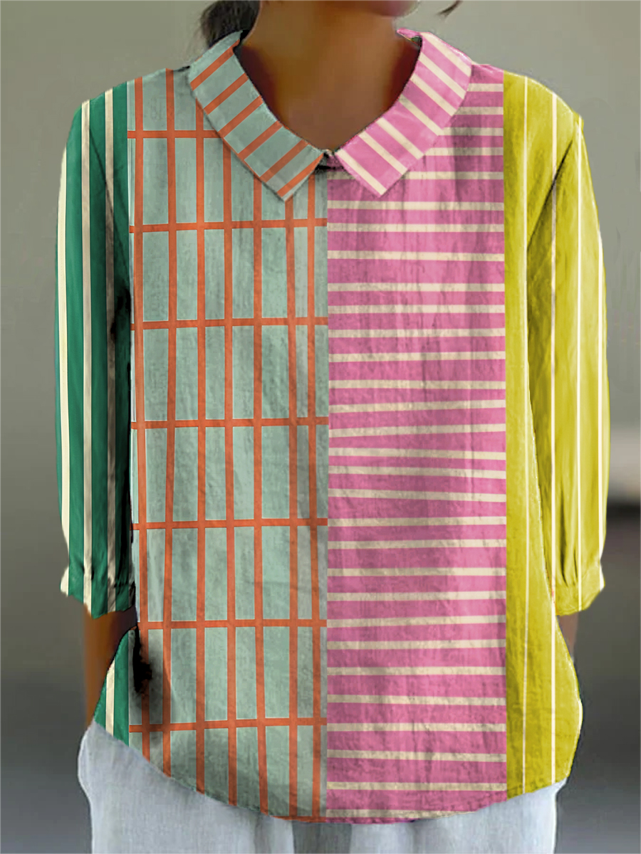 Women's Colourful Artistic Geometric Lines Print Casual 3/4 Sleeve Shirt