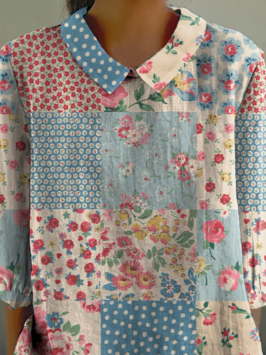 Vintage Patchwork Pattern Printed Women's Casual 3/4 Sleeve Shirt