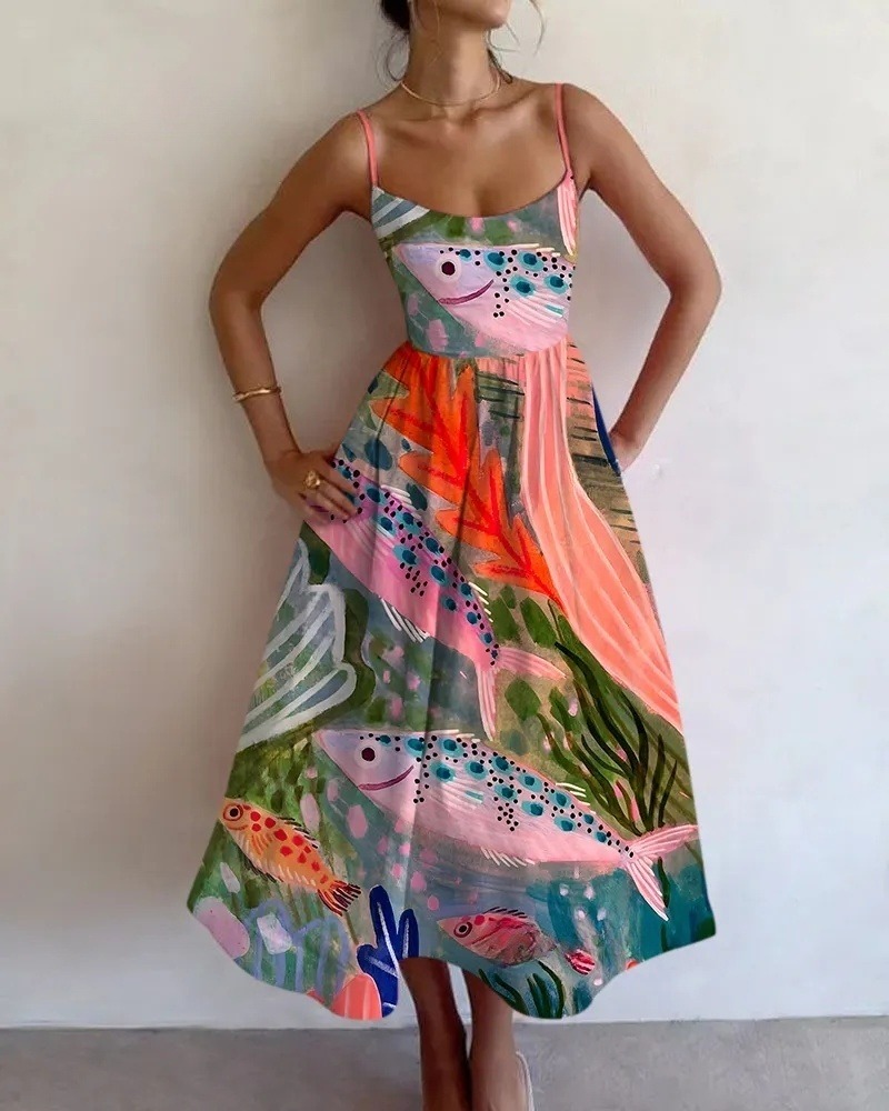 Oil Painting Fish Printed Sling Dress