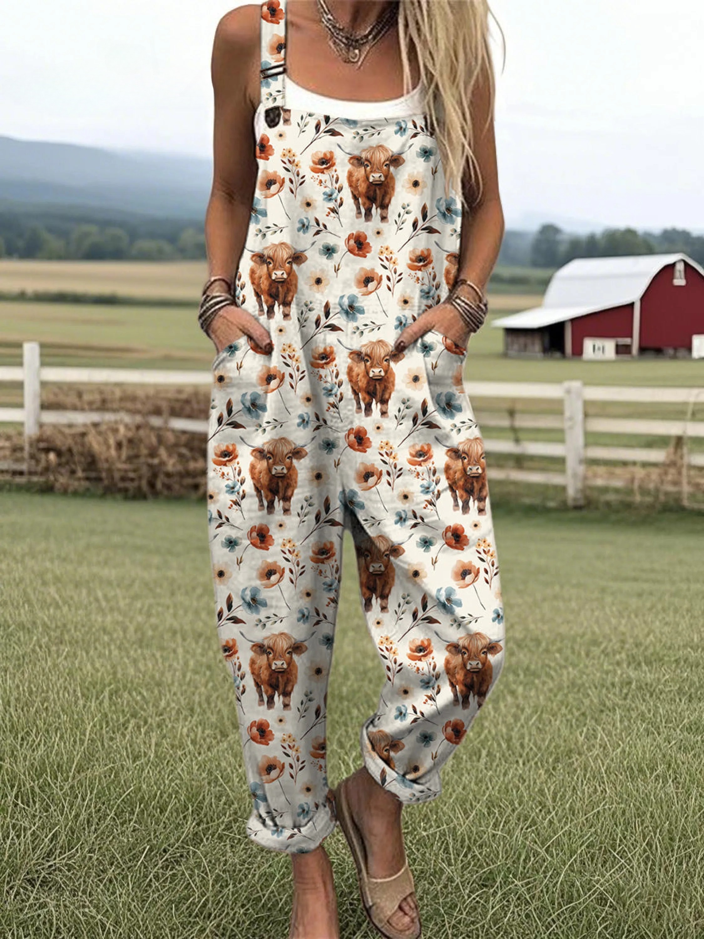 Women's Highland Cow Print Casual Cotton Wide Leg Jumpsuit
