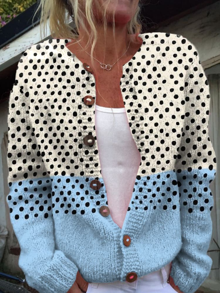 Blue Color-block Dotted Geometry Print Buttoned Cardigan Sweater