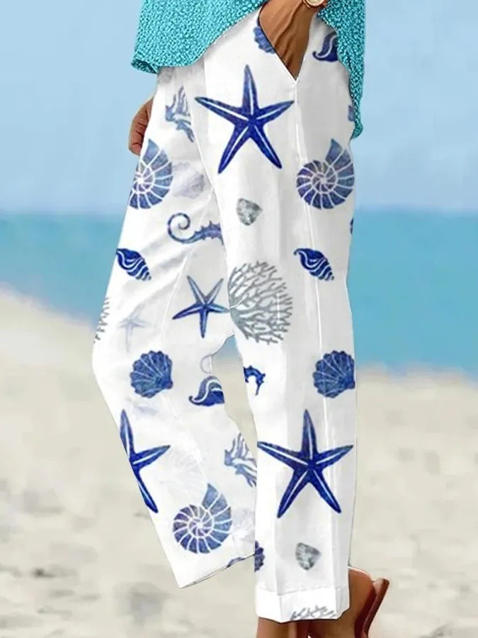 Women's Underwater World Starfish Pattern Loose Casual Pants (With Pockets)