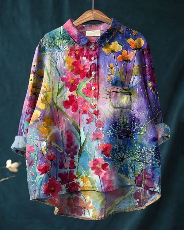 Vintage Art Floral Print Casual Cotton and Linen Shirt