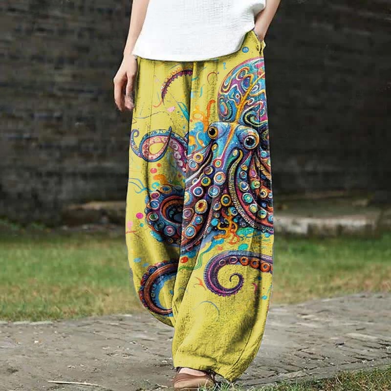 Vintage Rainbow Octopus Art Print Casual Pants