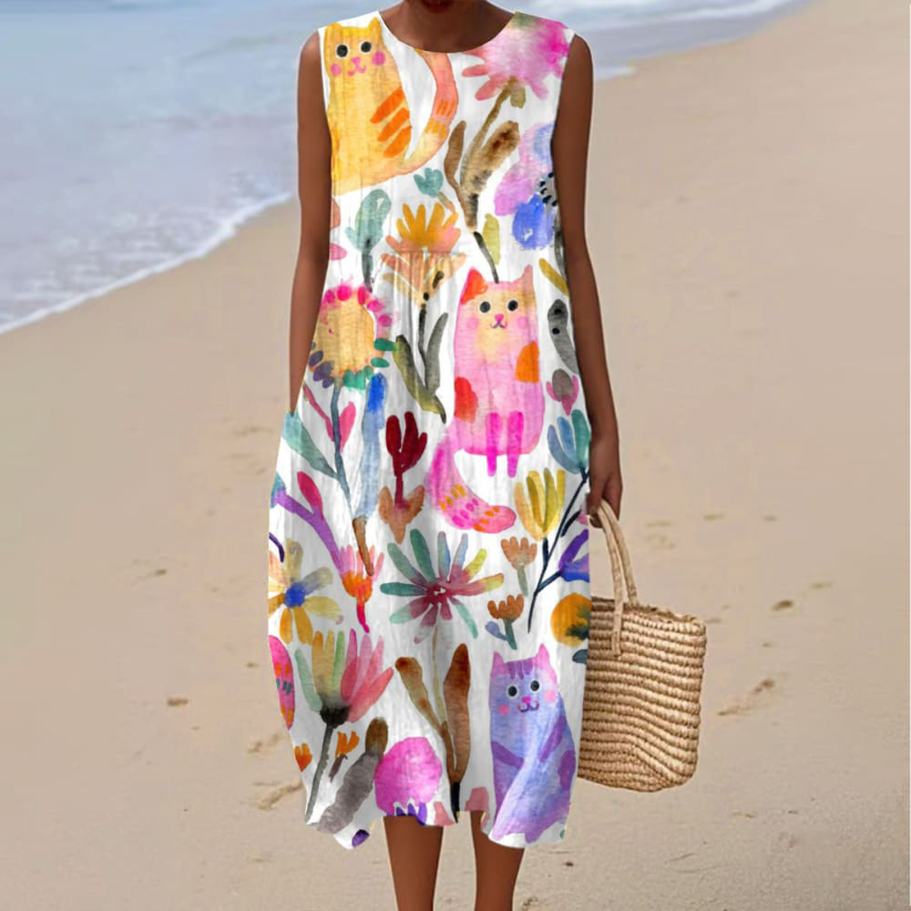 Women's Vintage Floral Cat Art Print Sleeveless Wrap Dress