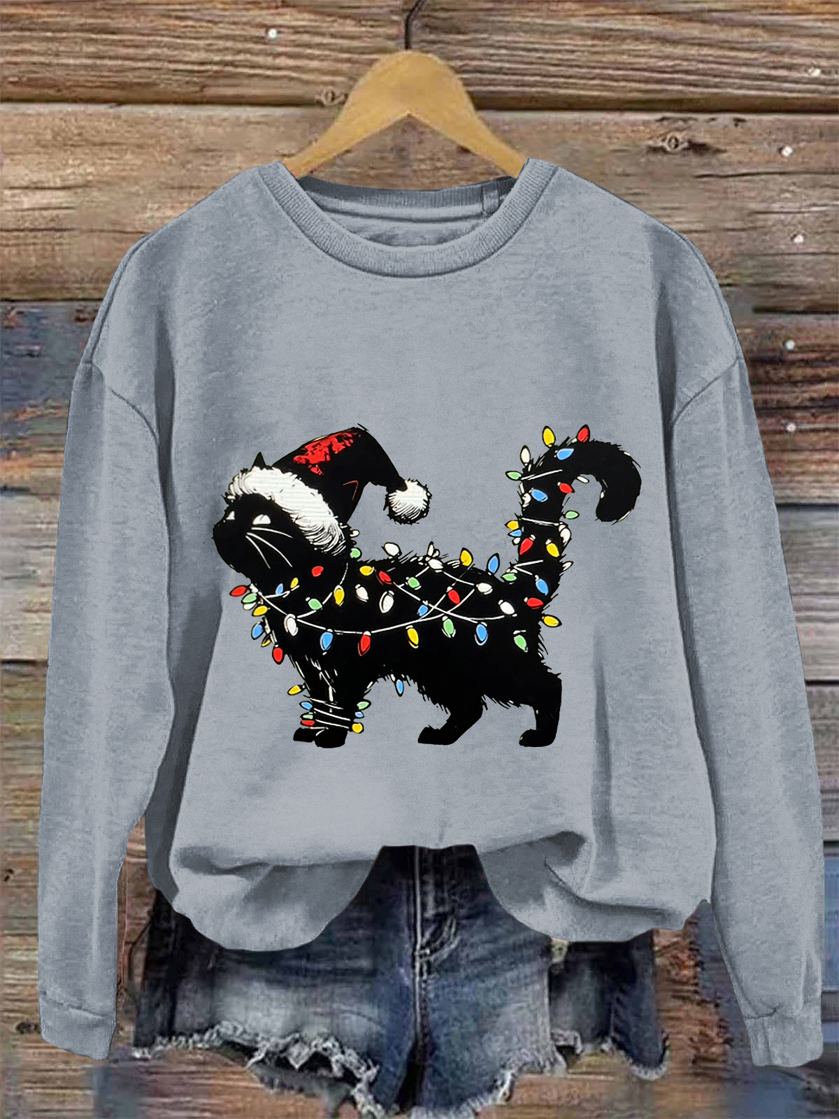 Christmas Cat Printed Fleece-lined Unisex Sweatshirt