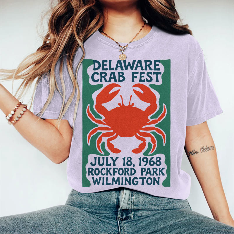 100% Cotton Women's Delaware Crab Fest  Art Print Casual T-shirt