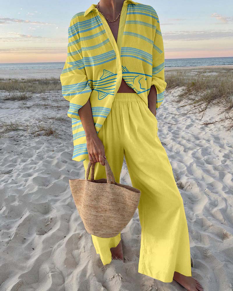 Stylish Striped Fish Print Two-Piece Set