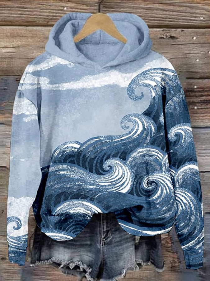 Women's Ocean Waves Art Graphic Casual Cozy Hoodie