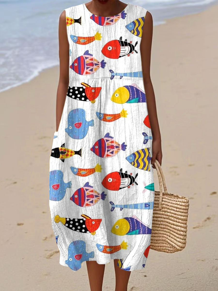 Women's Vintage Fish Art Print Sleeveless Cotton Pocket Wrap Dress