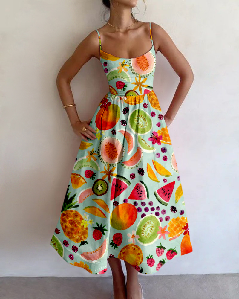 Resort style tropical fruit print slip dress