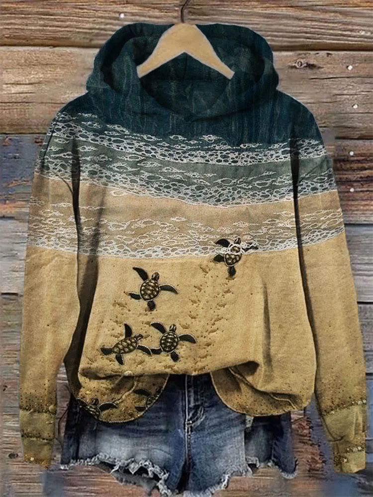 Baby Sea Turtles Beach Fiber Art Print Hoodie