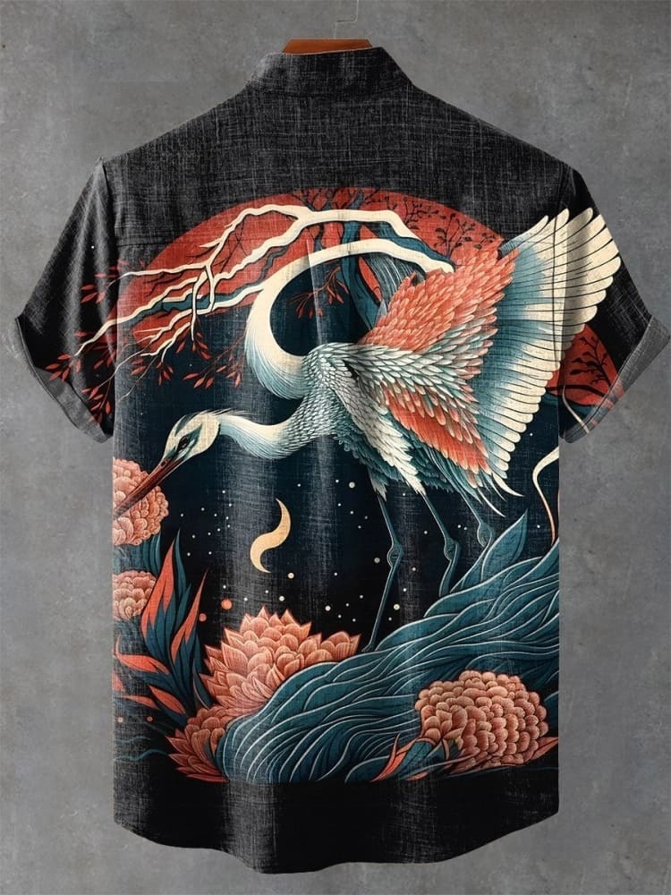 Vintage Japan Ukiyo-e Crane Art Print Casual Shirt