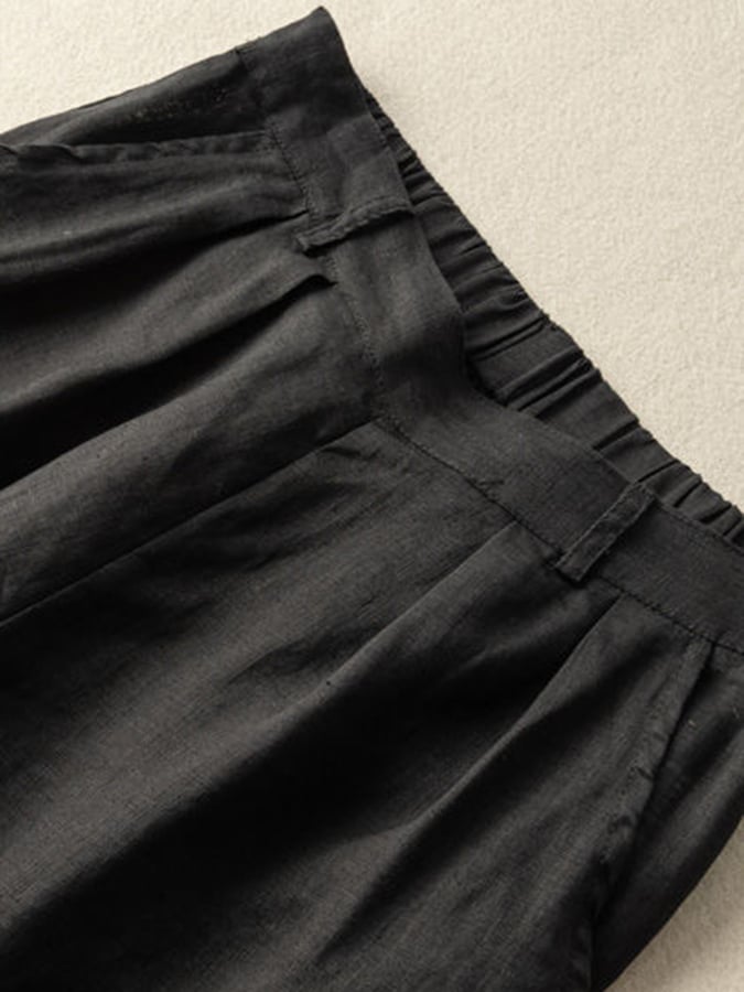 Cotton Thin Half Elastic Cropped Wide Leg Trousers