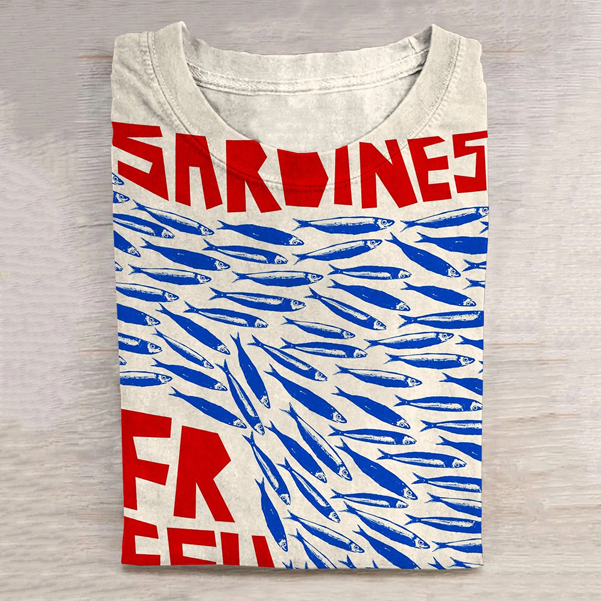 Vintage Fish Sardines Art Print Crew Neck T-Shirt