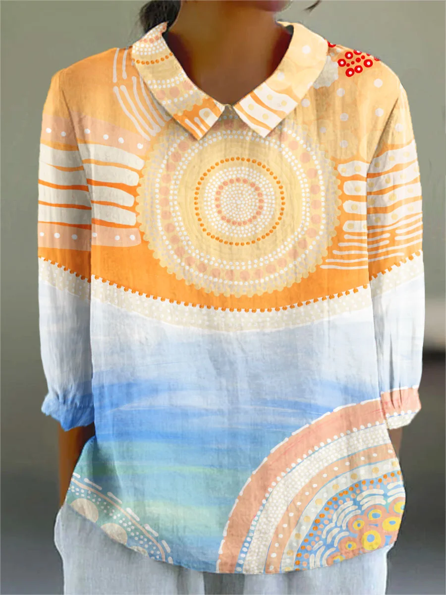 Women's Vintage Abstract Geometric Floral Art Print Casual 3/4 Sleeve Shirt