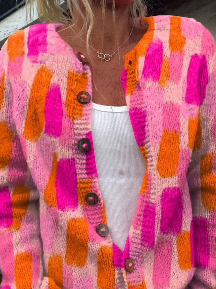 Vibrant Color Block Repeat Pattern Printed Buttoned Cardigan Sweater