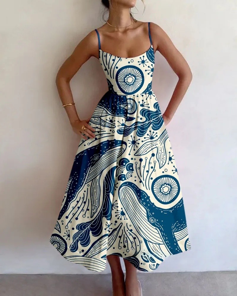 Vintage Shark Print Suspender Dress