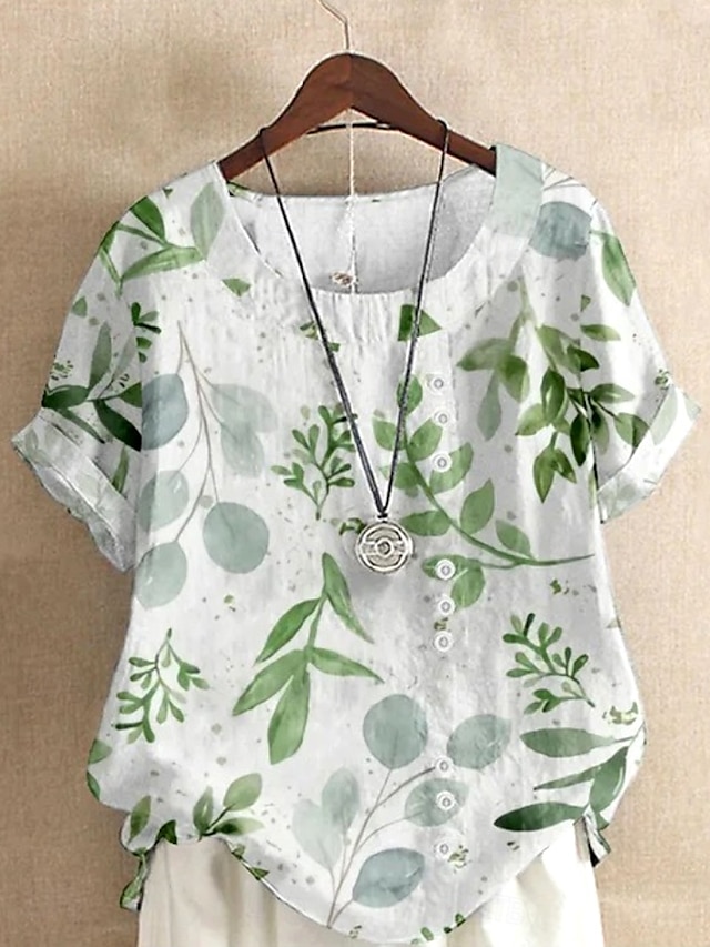 Women's Short - Sleeved Blouse. Elegant Floral & Leaf Print