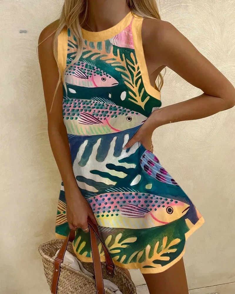 Marine Fish Print Sleeveless Mini Dress