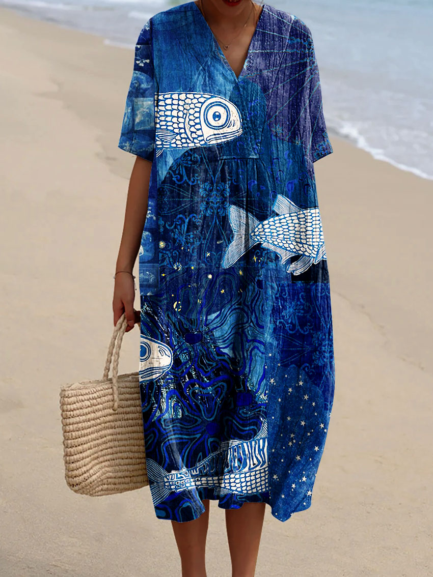 Women's Vintage Abstract Marine Life Fish Art Print Flowy Dress