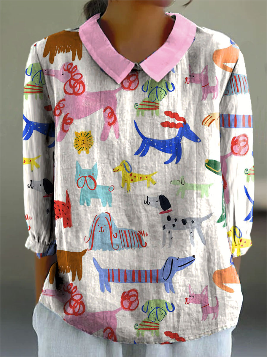 Women's Fashion Funny Dog Art Print Casual 3/4 Sleeve Shirt