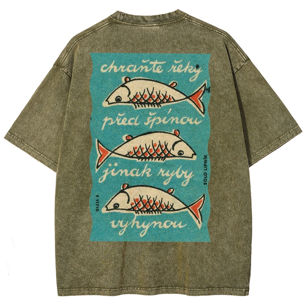 Fishes Pattern Printed Washed Vintage Short Sleeves T-Shirt