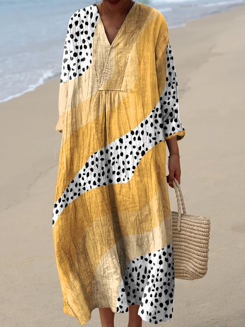 Women's Gradient Stripe Polka Dots Watercolor Splash Fluid Art Print Flowy Dress